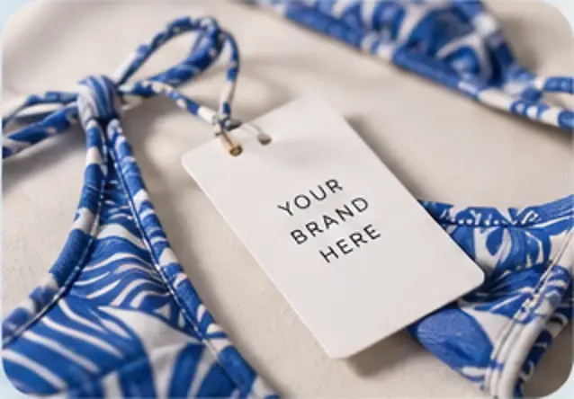 Blue-and-white swimwear with a custom brand tag
