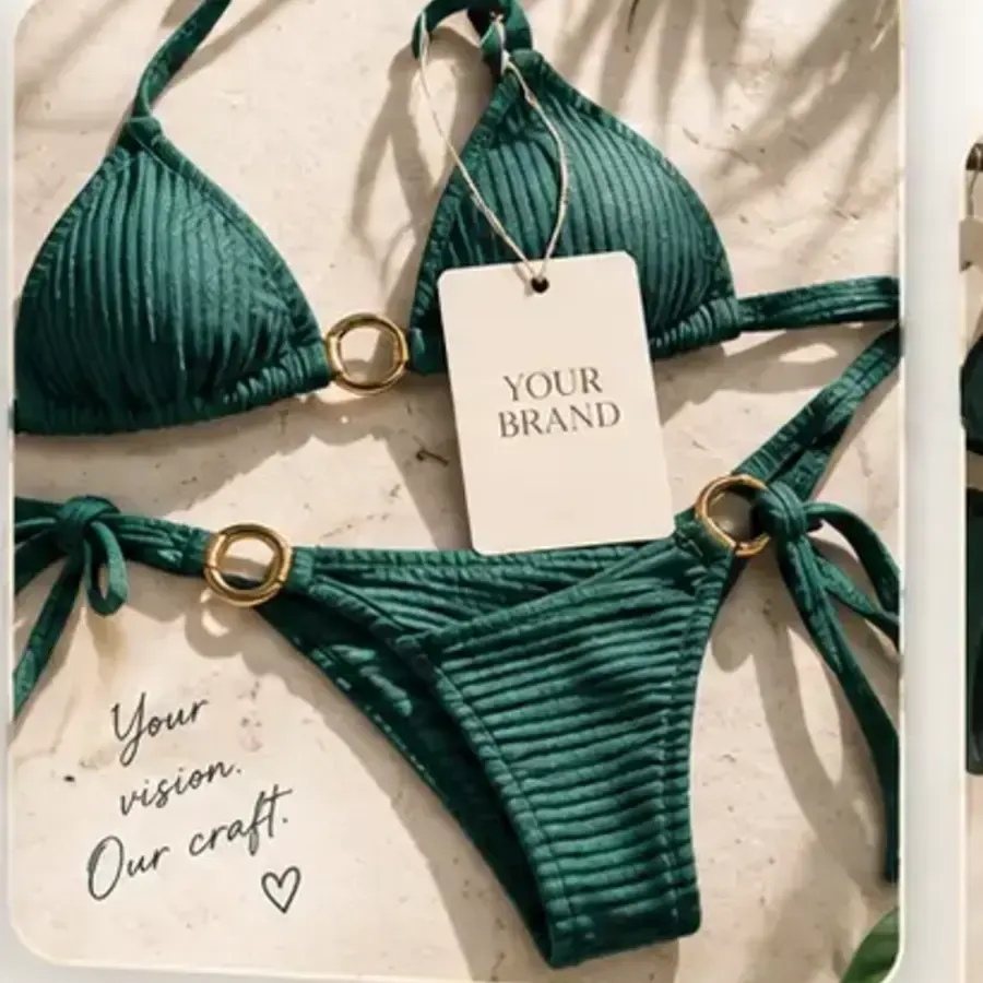 Finished green swimwear with a custom brand tag