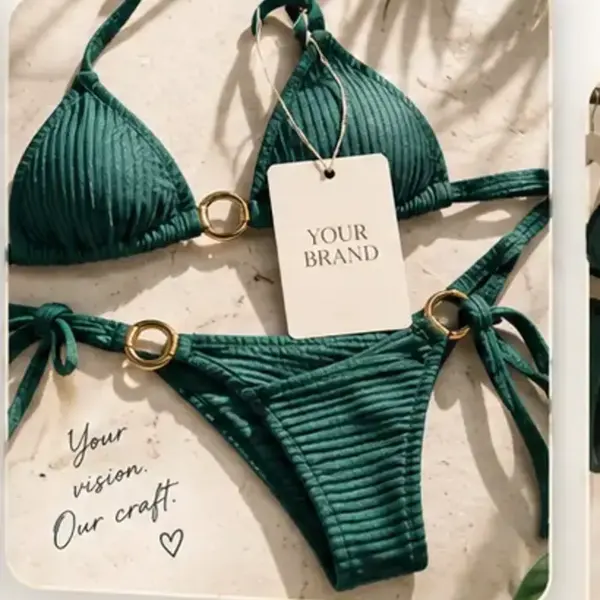 Finished green swimwear with a custom brand tag