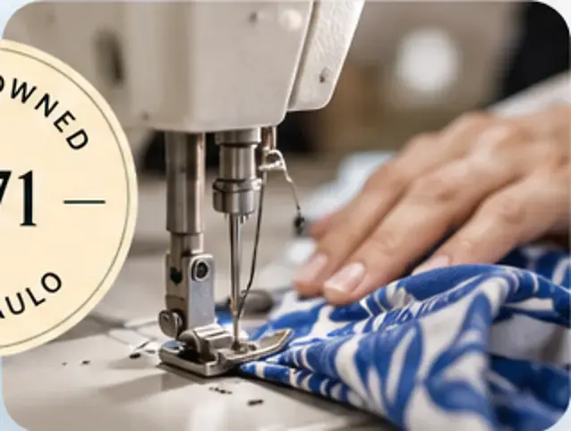 Blue-and-white swimwear being sewn in São Paulo