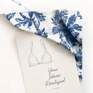 Custom swimwear sketch and blue-and-white fabric